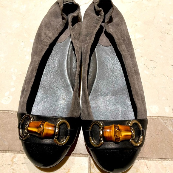 Gucci Grey Suede, Patent And Leather Bamboo Horsebit Ballet Flats - Picture 5 of 5